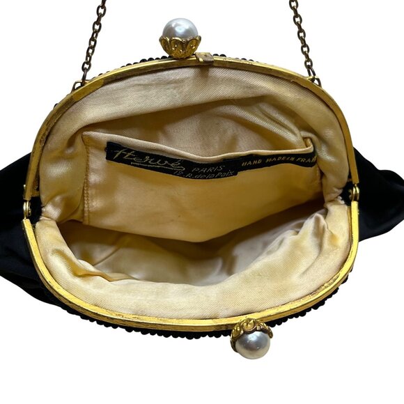 Hervé Paris Black Velvet Floral Embroidered Evening Bag With Pearl Clasp Size S - Picture 8 of 9
